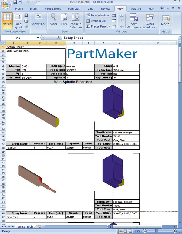 Рис. 9. PartMaker 2012 позволяет выводить графические карты наладки напрямую в Microsoft Excel