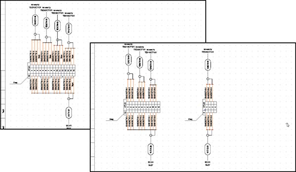 Рис. 11. Фрагмент документа «Схема подключения кабелей к рядам зажимов» до и после внесения изменений