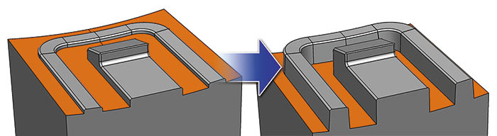Рис. 7. Сдвиг криволинейной поверхности с отступом на заданную величину позволяет отдалить нерабочие поверхности от участка прожигания