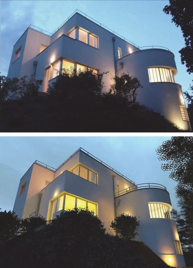 Рис. 1. Верхнее изображение — это реальная фотография здания, а нижнее — визуализация, сделанная в ArchiCAD 18 с того же ракурса