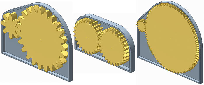 Рис. 8. Варианты конфигурации конструкции корпуса редуктора для различных параметров зубчатой передачи в проекте Autodesk Inventor