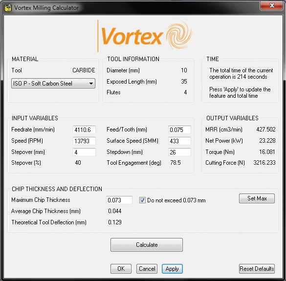 Рис. 1. Калькулятор для вычисления оптимальных параметров обработки с использованием стратегии Vortex