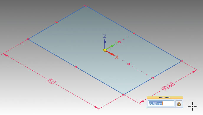 Рис. 2. Процесс создания прямоугольного выступа: а — выбор плоскости эскиза; б — создание прямоугольного эскиза; в — задание размеров эскиза; г — выдавливание эскиза на заданное расстояние; д — результат