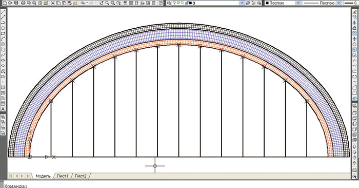 Рис. 8. Рисунок AutoCAD модели арки с двутавровым сечением. Арку формируют три подсхемы из объемных элементов SCAD (основания элементов показаны разными цветами). Определяются координаты точек пересечения подвесок с аркой