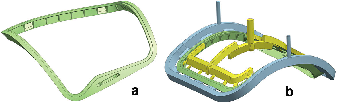 Рис. 2. Отливка «Рама»: а — модель отливки; б — модель литейного блока аналогичной отливки. Зеленым цветом отмечено тело отливки, желтым — ЛПС, синим — прибыль