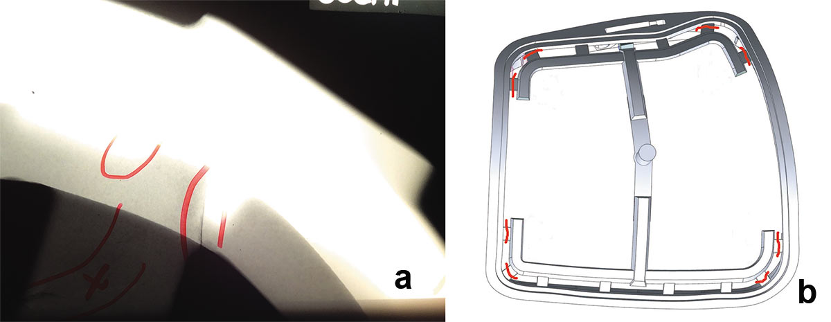 Рис. 3. Трещины в отливке «Рама»: а — вид одной из трещин на рентгенограмме (помечена красным); б — схема расположения трещин