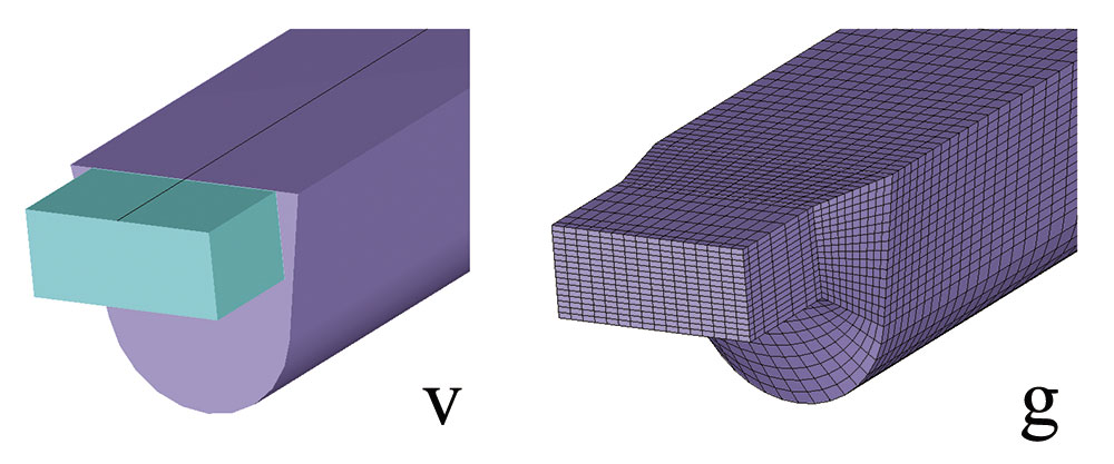 Рис. 3. Визуальное представление соединений каналов литниковой системы в исходной модели (а, в, д) и 3D-сетка (б, г, е), автоматически построенная в модуле Designer BLM, для соединения участков разводящего литникового канала (а, б), перехода от разводящего литникового канала к впускному (в, г) и соединений центрального литникового канала с разводящими, а также участков разводящих каналов (д, е) в холодноканальных литниковых системах