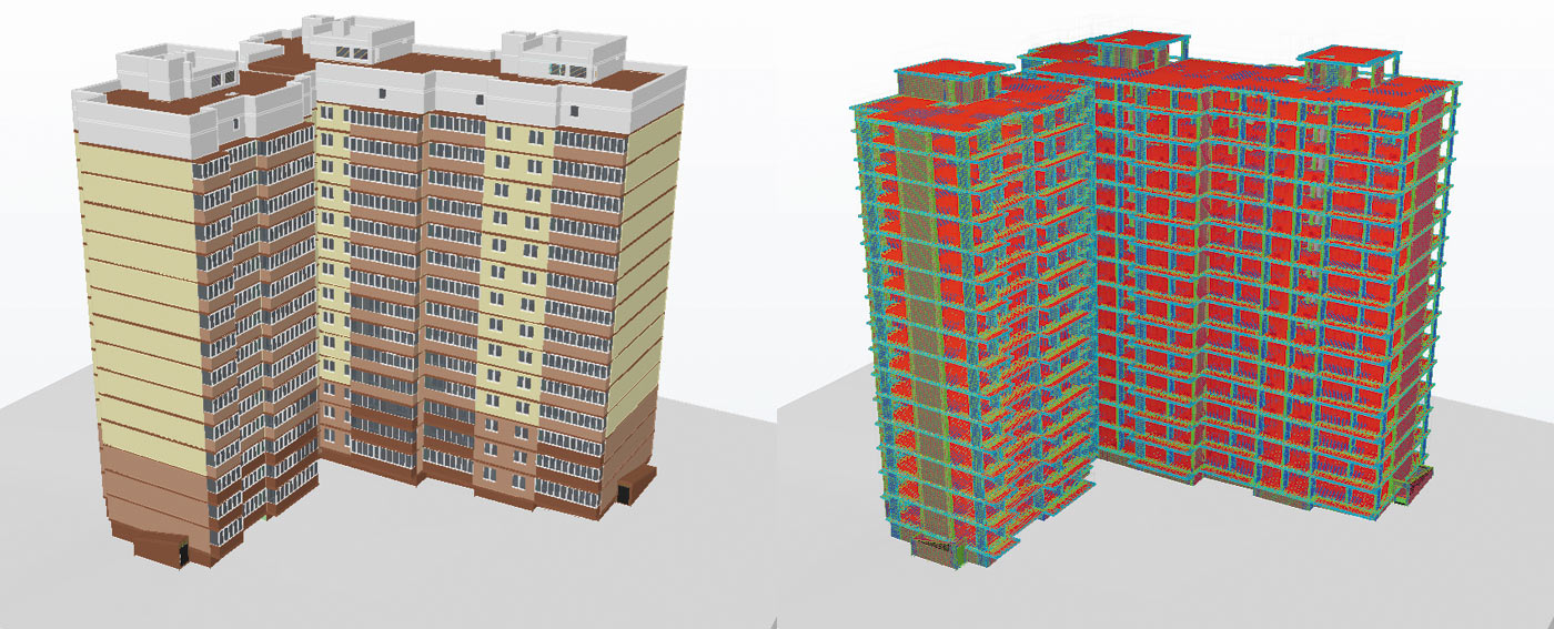 Рис. 1. Информационные (BIM) модели жилого здания: архитектурная и конструкторская часть