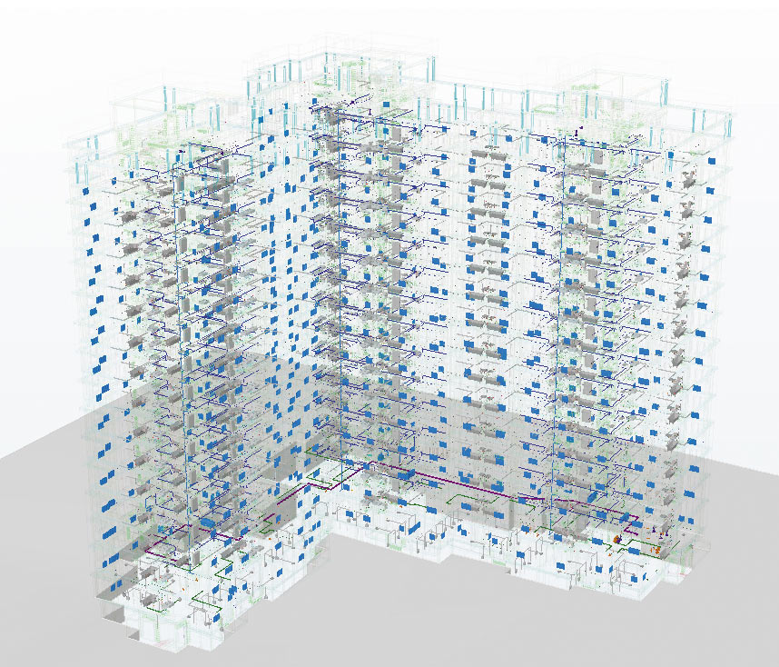Рис. 2. Воссозданная по 2D-документации информационная (BIM) модель жилого здания в части инженерии: электрика, освещение, слабые токи, системы безопасности, отопление, водоснабжение и канализация