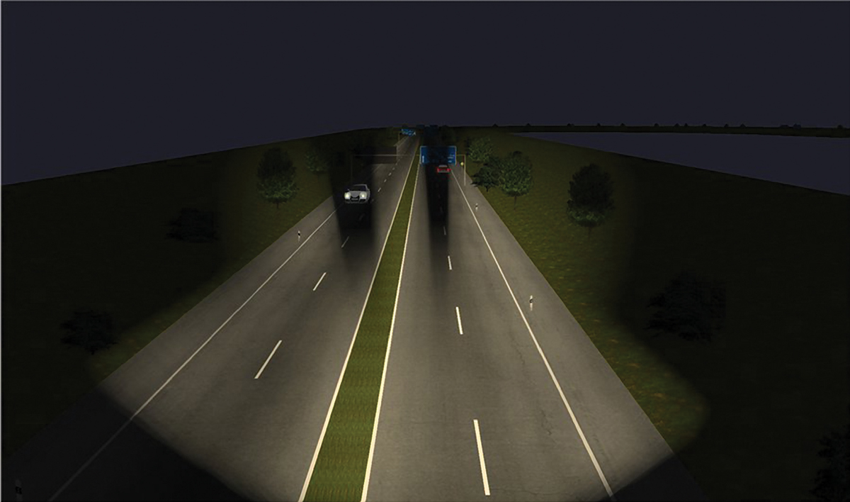 Фара со светодиодной матрицей исключает попадание света на встречные автомобили, в то время как все остальные области остаются ярко освещенными (фото предоставлено компанией ZKW)