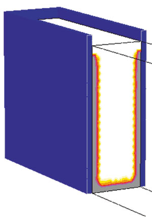 Рис. 6. Температурно-фазовое поле сляба перед началом движения (продольное сечение)