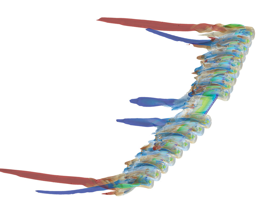 Рис. 7. Гидрогазодинамические расчеты крыла во взлетной конфигурации, построенного по технологии LEAPTech. Воздушные винты представлены моделью движителя-диска