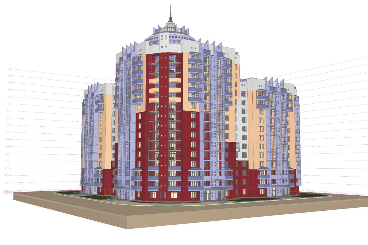Рис. 9. 3D-модель многоэтажного жилого дома. Авторы А.В. Королев и О.В. Кушнарев 