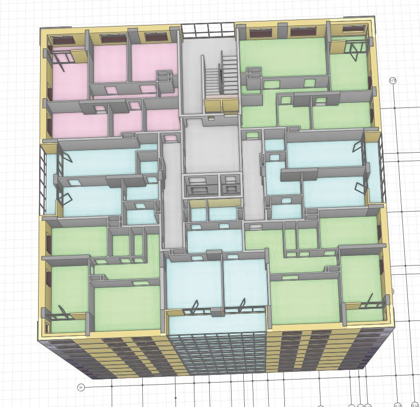 Рис. 3. 3D-модель и планировка типового этажа жилого многоэтажного дома