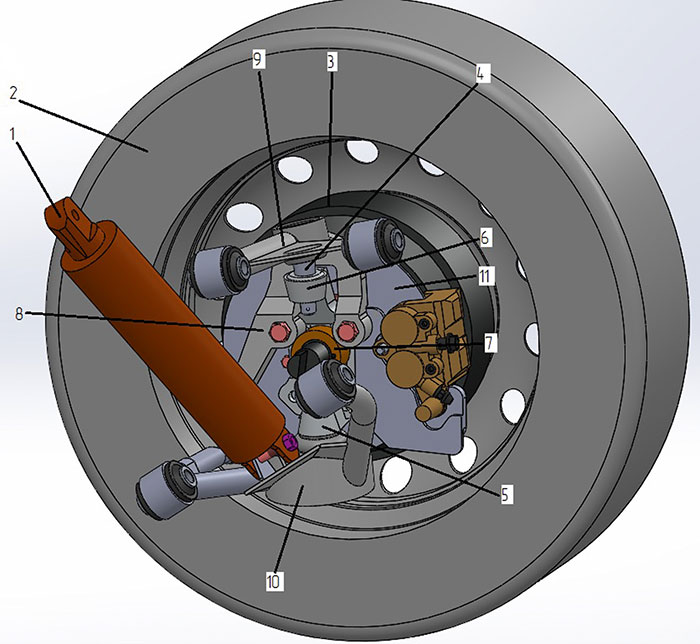 Рис. 2. 3D-модель переднего подвеса правого колеса: 
1 — амортизатор; 2 — колесо; 3 — мотор-колесо; 
4 — палец шаровой верхний; 5 — палец шаровой нижний; 6 — поворотный кулак; 7 — проставка кулака; 8 — рулевая сошка; 9 — рычаг верхний; 10 — рычаг нижний; 
11 — тормозной диск