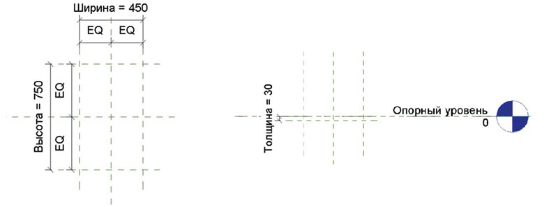 Рис. 6. Размеры и зависимости на виде Опорный уровень (а); 
размеры и зависимости на фасаде (б)