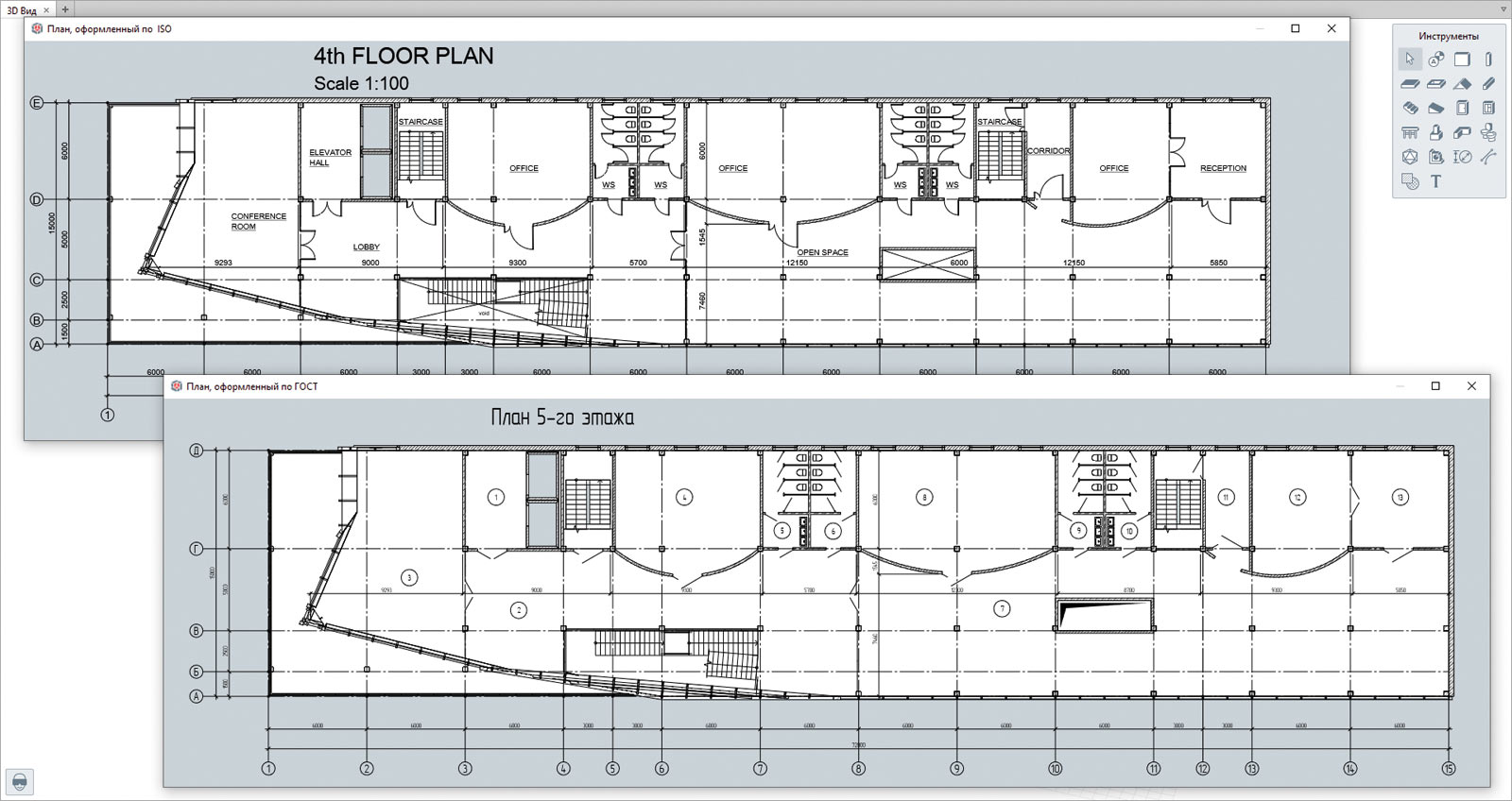 Рис. 5. Разные настройки отображения дверей на планах позволяют оформить планы по ГОСТ (внизу) и ISO (вверху)