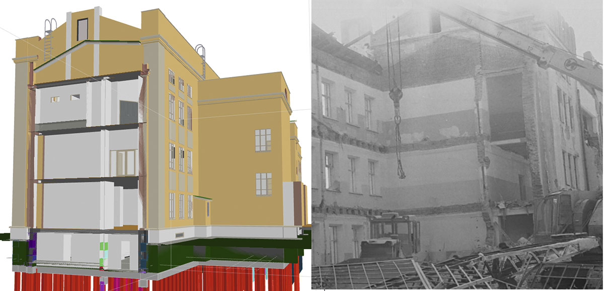 Рис. 2. Архивная фотография сноса школы № 1 (справа); 
аналогичный разрез в архитектурной модели (слева)