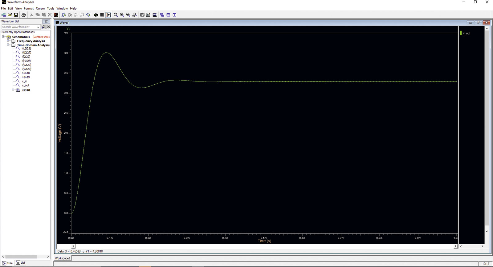 Рис. 11. Форма сигнала v_out, показывающая напряжение 3,3 В (а); 
анализатор формы сигнала, используемый для расчета пикового значения пульсации выходного напряжения (б)
