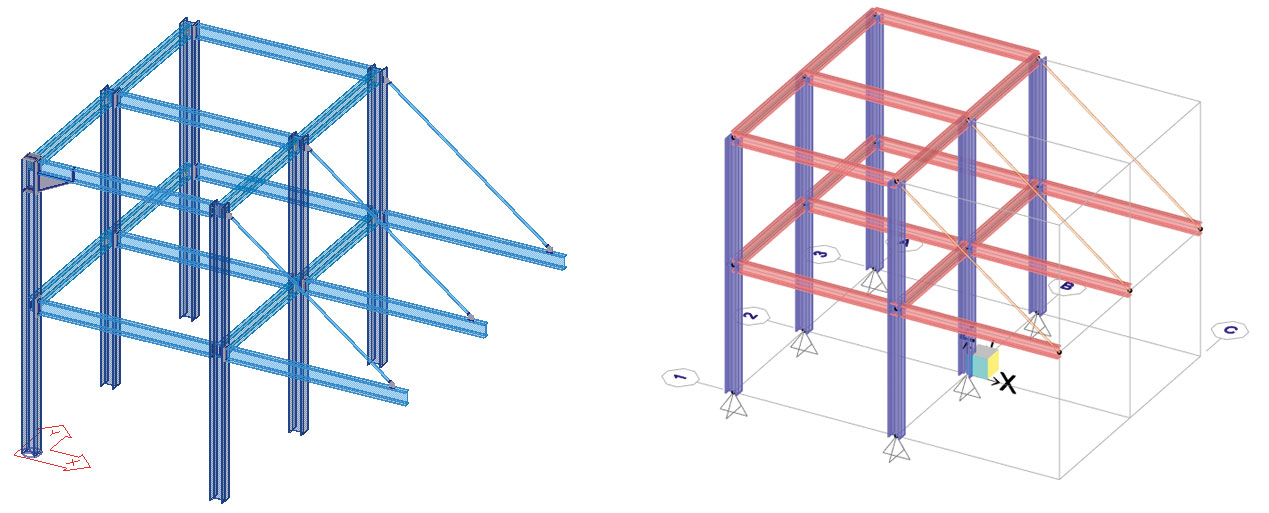 Рис. 4. Модель сооружения в Tekla Structures и ее расчетная схема в SAP2000