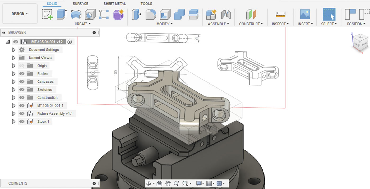Рис. 4. 3D-модель обрабатываемой детали с тисками и заготовкой