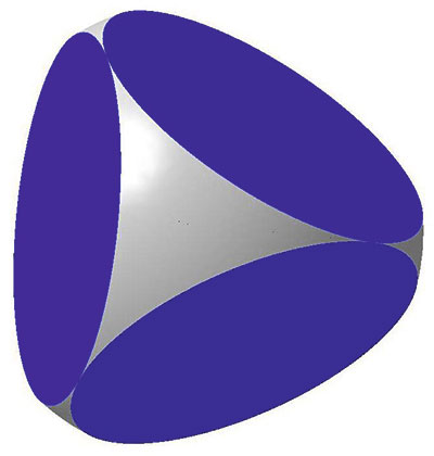Рис. 1. Аналог тетраэдра: 4 грани; 4 сферических участка. Двугранный угол 70,53°
