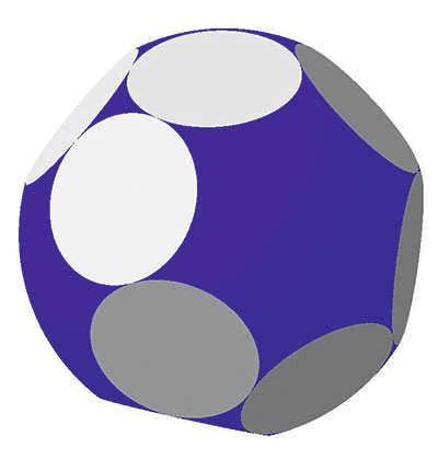 Рис. 7. Аналог триакистетраэдра: 12 граней, параллельных нет; 8 сферических участков. Двугранный угол 129,52°