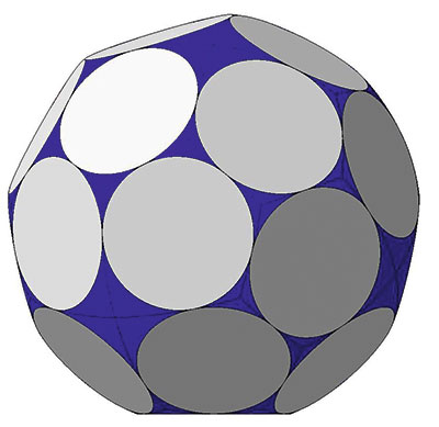Рис. 9. Аналог пентагонального икоситетраэдра: 24 грани, параллельных нет; 38 сферических участков. Двугранный угол 136,3°