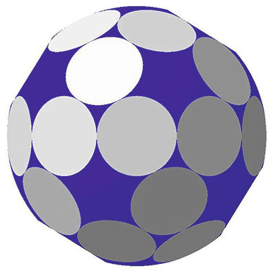 Рис. 12. Аналог ромботриаконтаэдра: 30 граней; 32 сферических участка. Двугранный угол 144°