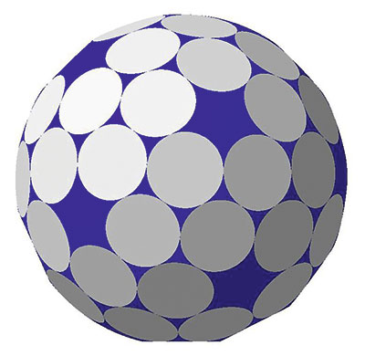 Рис. 15. Аналог пентагонального гексеконтаэдра: 60 граней, параллельных нет; 92 сферических участка. Двугранный угол 153,18°