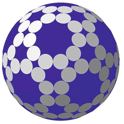 Рис. 18. Аналог гекзакисикосаэдра: 120 граней; 62 сферических участка. Двугранный угол 164.89°