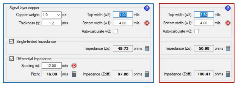 Рис. 6. Левое изображение с синей рамкой предполагает прямоугольное сечение трассы. Изображение справа включает 0,5 mils травления для односторонней линии передачи, ориентированной на 50 Ом, и дифференциальную пару, ориентированную на 100 Ом (смоделировано в Z-zero Z-solver с использованием полевого решателя HyperLynx)