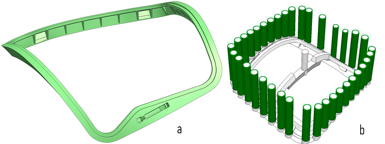 Рис. 1. Конструкция ЛПС, применяемая на предприятии при изготовлении отливок типа «Рама»: а — 3D-модель отливки; б — 3D-модель литейного блока