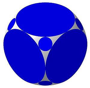 Рис. 3. Аналог усеченного куба:
•	14 граней (6 больших, 8 малых), 24 сферических участка;
•	двугранные углы: 
между большими гранями = 90°,
между большой и малой гранями ≈ 125,26°;
•	отношение радиуса большой грани к радиусу сферы ≈ 0,71;
•	отношение радиуса малой грани к радиусу сферы ≈ 0,17