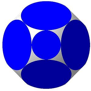 Рис. 4. Аналог усеченного октаэдра:
•	14 граней (8 больших, 6 малых), 24 сферических участка;
•	двугранные углы: 
между большими гранями ≈ 109,47°,
между большой и малой гранями ≈ 125,26°;
•	отношение радиуса большой грани к радиусу сферы ≈ 0,65;
•	отношение радиуса малой грани к радиусу сферы ≈ 0,33