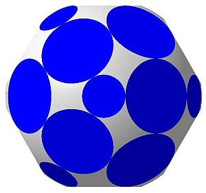 Рис. 5. Аналог ромбокубооктаэдра:
•	26 граней (18 больших, 8 малых), 24 сферических участка;
•	двугранные углы: 
между большими гранями = 135°,
между большой и малой гранями ≈ 144,74°;
•	отношение радиуса большой грани к радиусу сферы ≈ 0,38;
•	отношение радиуса малой грани к радиусу сферы ≈ 0,22