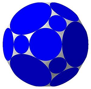 Рис. 6. Аналог ромбоусеченного кубооктаэдра:
•	26 граней (6 больших, 8 средних и 12 малых), 48 сферических участков;
•	двугранные углы: 
между большой и средней гранями ≈ 125,26°,
между большой и малой гранями = 135°, 
между средней и малой гранями ≈ 144,74°;
•	отношение радиуса большой грани к радиусу сферы ≈ 0,53;
•	отношение радиуса средней грани к радиусу сферы ≈ 0,38;
•	отношение радиуса малой грани к радиусу сферы ≈ 0,22