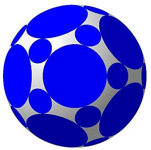 Рис. 7. Аналог икосододекаэдра:
•	32 грани (12 больших, 20 малых), 30 сферических участков;
•	двугранный угол между большой и малой гранями ≈ 142,62°;
•	отношение радиуса большой грани к радиусу сферы ≈ 0,45;
•	отношение радиуса малой грани к радиусу сферы ≈ 0,19