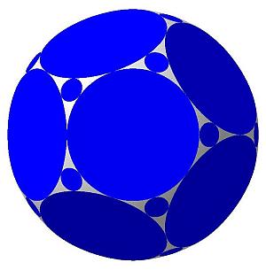 Рис. 8. Аналог усеченного додекаэдра:
•	32 грани (12 больших, 20 малых), 60 сферических участков;
•	двугранные углы: 
между большими гранями ≈ 116,57°,
между большой и малой гранями ≈ 142,62°;
•	отношение радиуса большой грани к радиусу сферы ≈ 0,53;
•	отношение радиуса малой грани к радиусу сферы ≈ 0,10