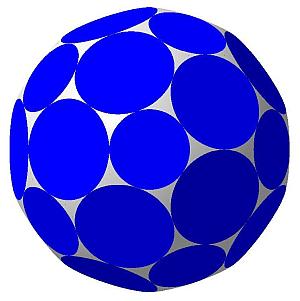 Рис. 9. Аналог усеченного икосаэдра:
•	32 грани (20 больших, 12 малых), 60 сферических участков;
•	двугранные углы: 
между большими гранями ≈ 138,19°,
между большой и малой гранями ≈ 142,62°;
•	отношение радиуса большой грани к радиусу сферы ≈ 0,36;
•	отношение радиуса малой грани к радиусу сферы ≈ 0,28