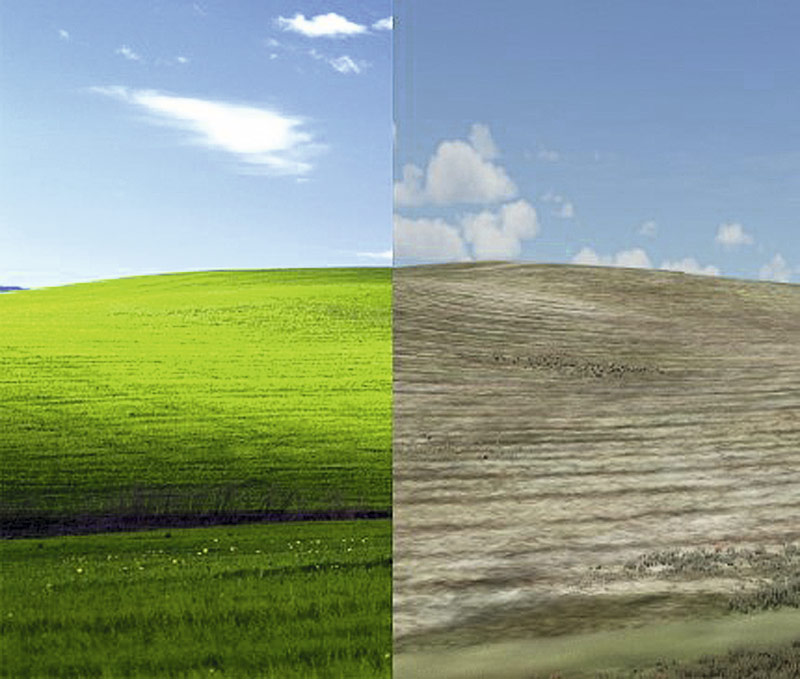 Рис. 3. Сравнение фотографии рабочего стола для операционной системы Windows XP и фото того же самого места, помещенного в симуляторе MFS