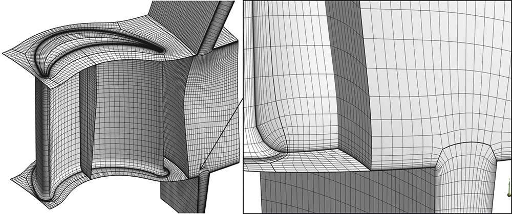 Рис. 5. Расчетная сетка для турбинной лопатки, фрагмент сетки в корневом сечении с сопряжением пограничных слоев 