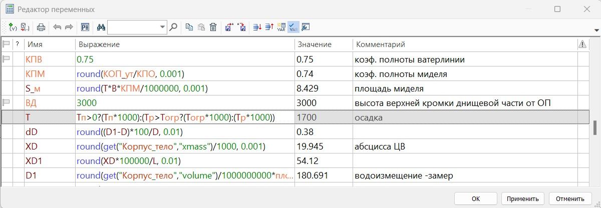 Рис. 5. Редактор переменных в системе T-FLEX CAD