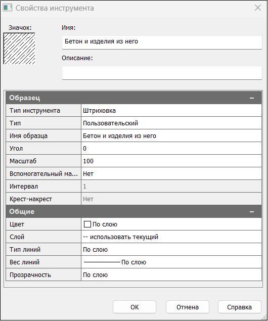 Рис. 20. Свойства инструмента, обеспечивающего вставку штриховк