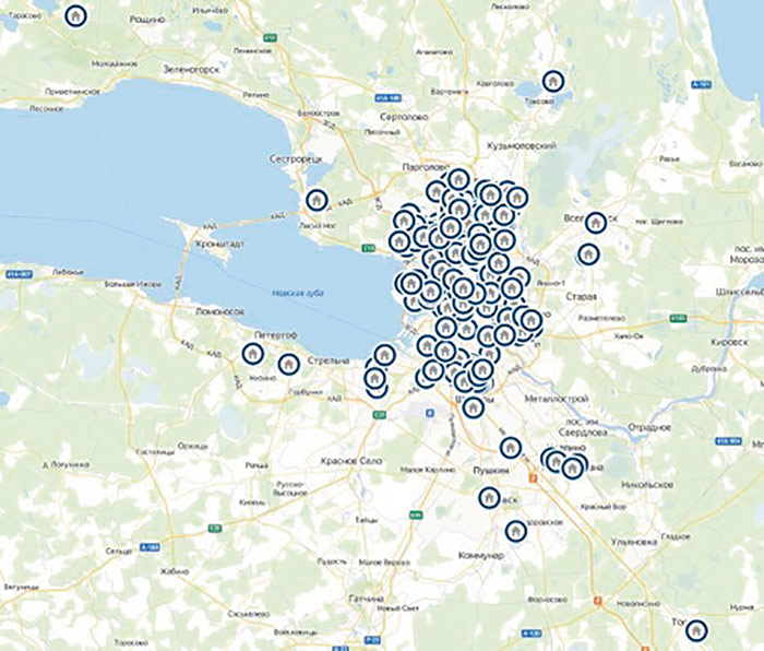 Рис. 5. Карта местоположений сотрудников Центра НТИ СПбПУ и ГК CompMechLab®, работающих в условиях самоизоляции (в удаленном режиме) в период пандемии коронавирусной инфекции (COVID-19) (Источник: ПИШ СПбПУ «Цифровой инжиниринг»)