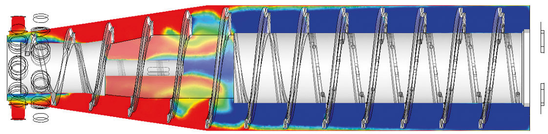 Рис. 6. Результаты CFD-моделирования разделения бурового раствора на твердую и жидкую фазы в проекте по разработке декантирующей центрифуги на цифровой платформе CML-Bench® (Источник: ПИШ СПбПУ «Цифровой инжиниринг»)