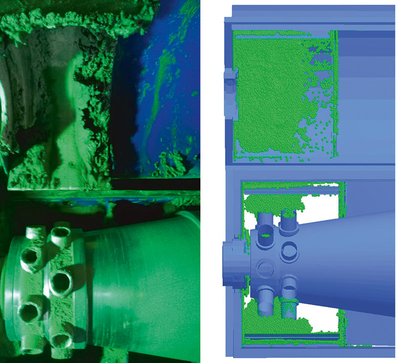 Рис. 7. Результаты работы декантирующей центрифуги (исходные данные об эксплуатации) и DEM-моделирование налипания пульпы на кожух при разработке декантирующей центрифуги на цифровой платформе CML-Bench® (Источник: ПИШ СПбПУ «Цифровой инжиниринг»)