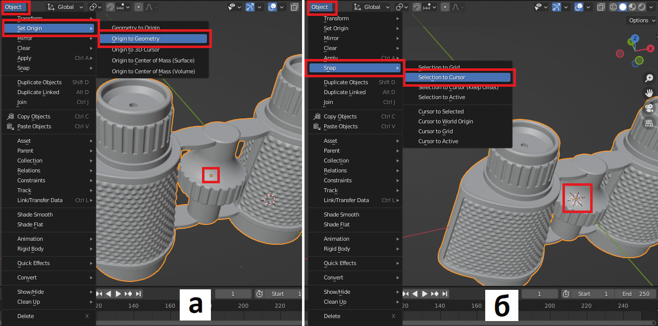 Рис. 6. Установка позиции Origin объекта (а) и перемещение модели в начало координат Blender (б)