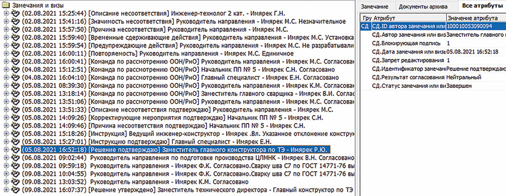 Рис. 19. Замечания и визы, полученные в рамках прохождения процесса согласования документа