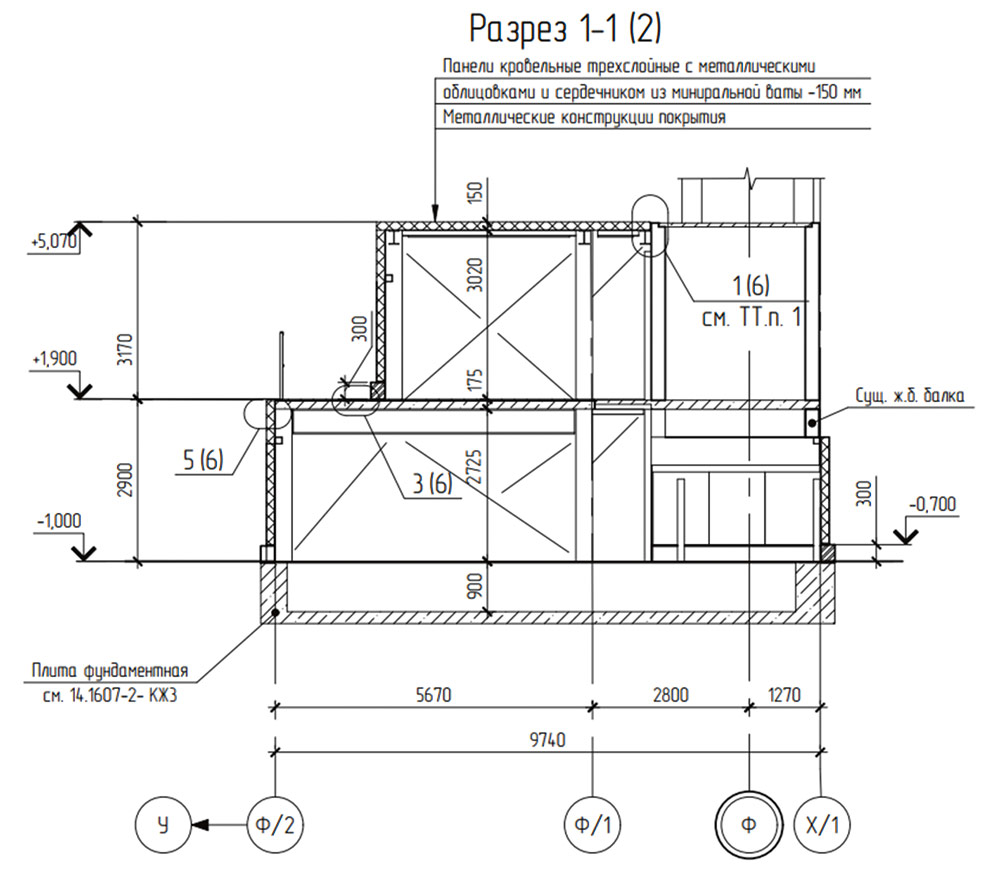 Чертеж архитектурного разреза здания ПСУ